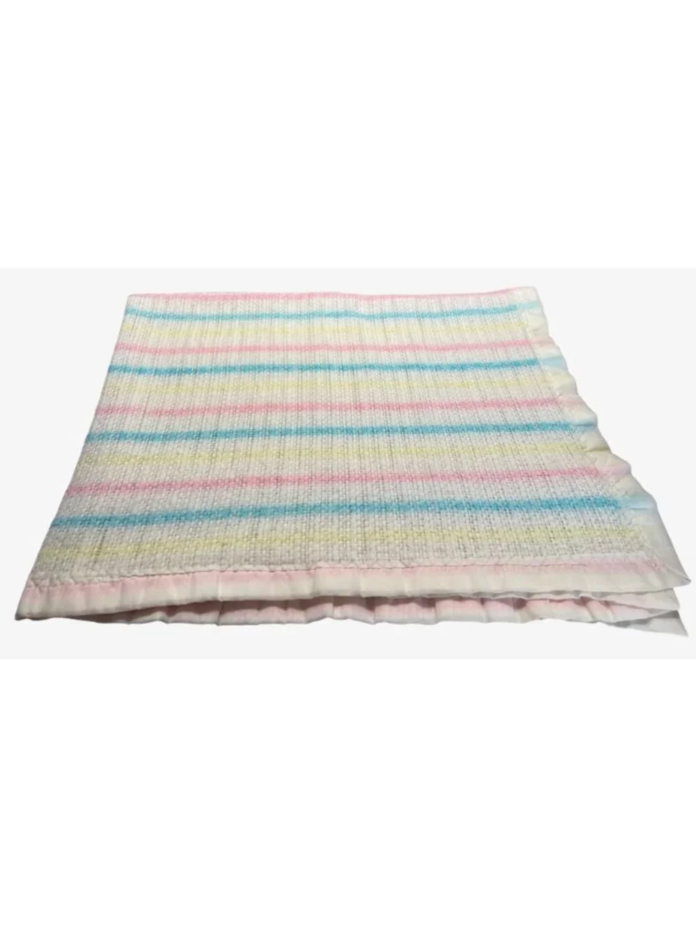 Vintage Baby Blanket Pastel Stripes Nylon Trim Waffle Weave Acrylic